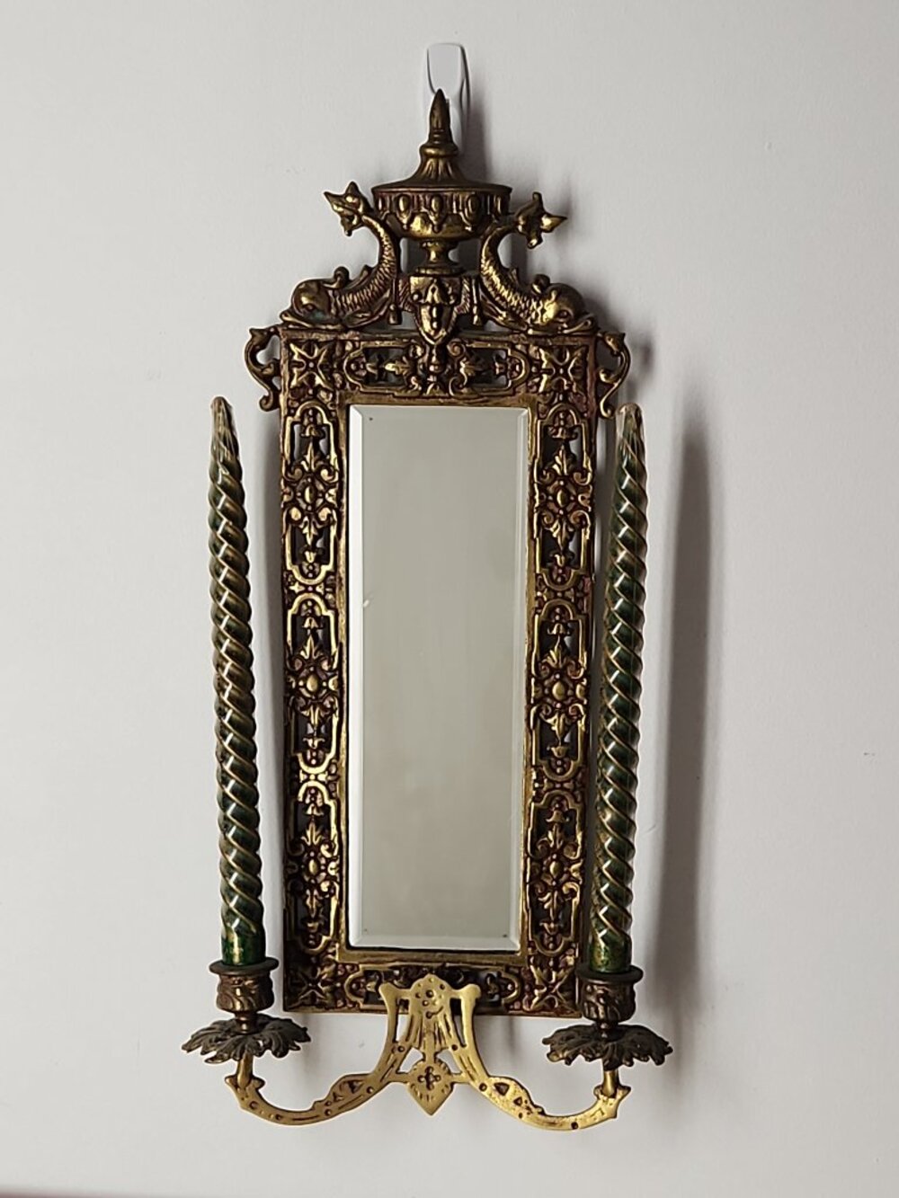 Antique Renaissance ornate brass wall mirror with dual candle holders + candles